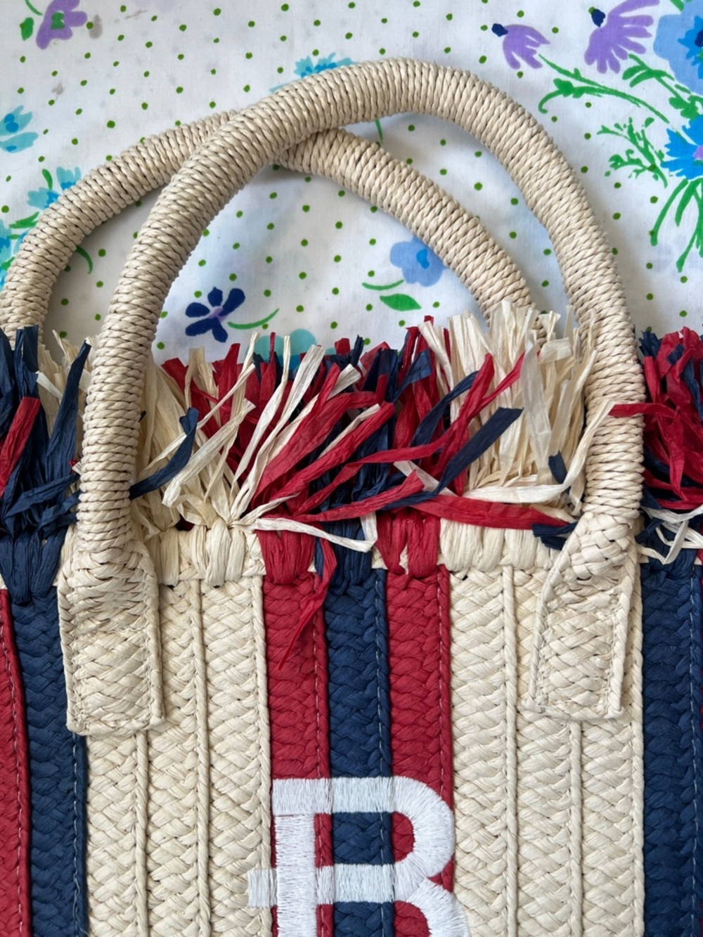 Mark and Graham Fringe Top Tote Natural Navy Red Woven Straw NWOT - B - Picture 4 of 13
